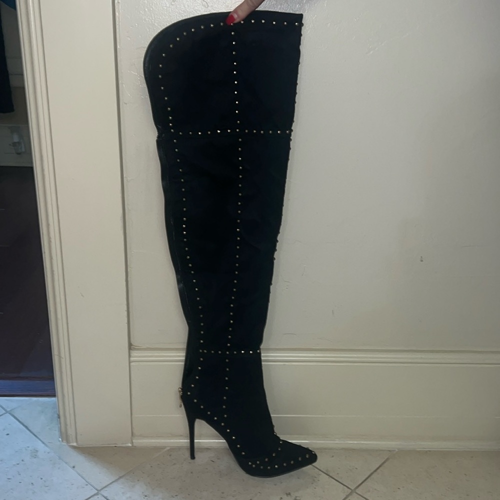 Black gold studded thigh high boots
